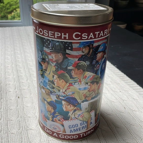 Boy Scouts Popcorn tin with lid. Joseph Csatari God Bless America Do a Good Turn - Picture 1 of 9